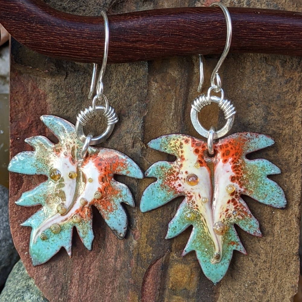 Hand Crafted Sterling Silver Earrings Artisan Leaf Charm Wire Wrap Hoop - Picture 8 of 15